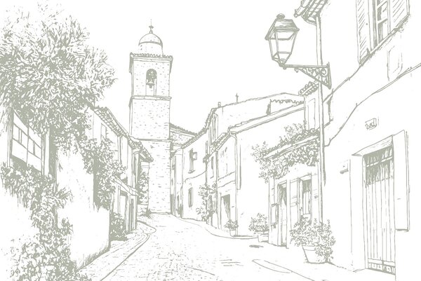 Carta da parati Disegno di una strada con edifici e un campanile, Carta da parati popolare, Carta da parati popolare, w03345 - Tapeko.it
