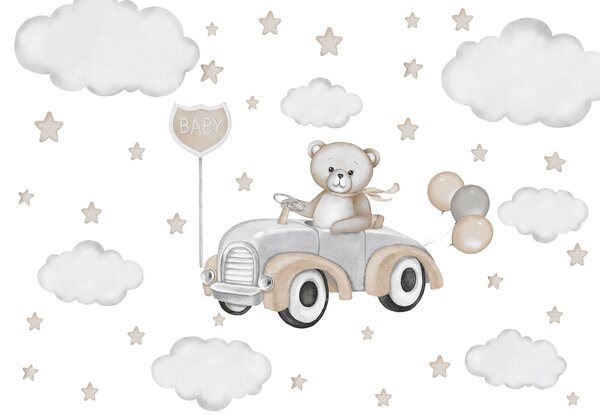 Carta da parati Orsetto che guida un'auto con palloncini, Carta da parati per Ragazze, Carta da parati popolare, w03382 - Tapeko.it