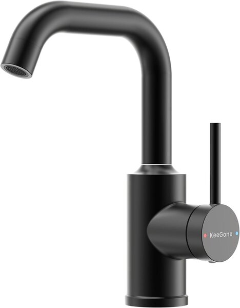 Rubinetto per lavabo in acciaio inossidabile, finitura nera opaca, con bocchetta girevole e miscelatore monocomando per l'acqua calda e fredda