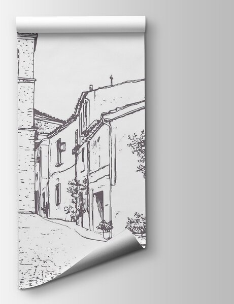 Carta da parati Disegno di una strada con edifici e un campanile, Carta da parati popolare, Carta da parati popolare, w03345v1 - Tapeko.it