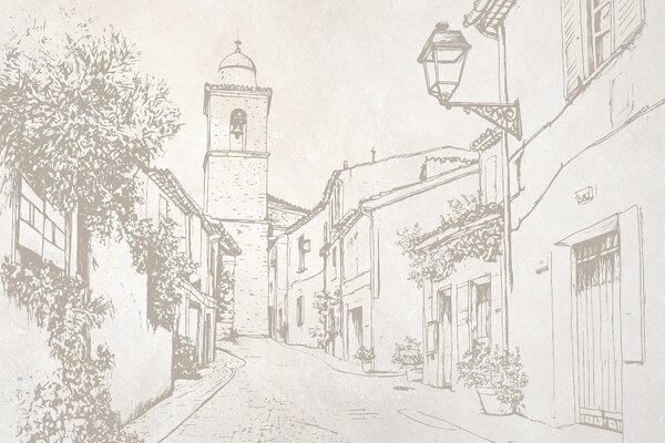 Carta da parati Disegno di una strada con campanile, Carta da parati popolare, Carta da parati popolare, w03346 - Tapeko.it