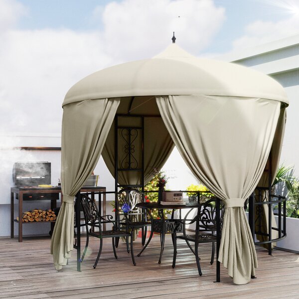 Outsunny Gazebo da Esterno Ø3m in Metallo con Rivestimento in PU Anti-UV, Gazebo da Giardino Rotondo con Tende, Beige|Aosom