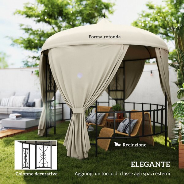 Outsunny Gazebo da Esterno Ø3m in Metallo con Rivestimento in PU Anti-UV, Gazebo da Giardino Rotondo con Tende, Beige|Aosom