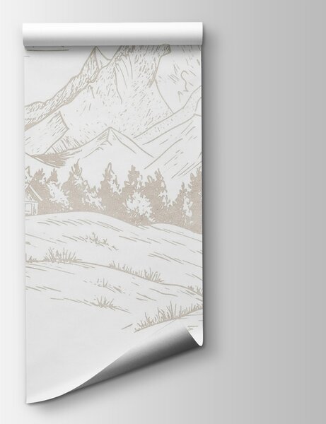 Carta da parati Disegno di un paesaggio con montagne e alberi, Carta da parati Natura, Carta da parati popolare, w03348 - Tapeko.it