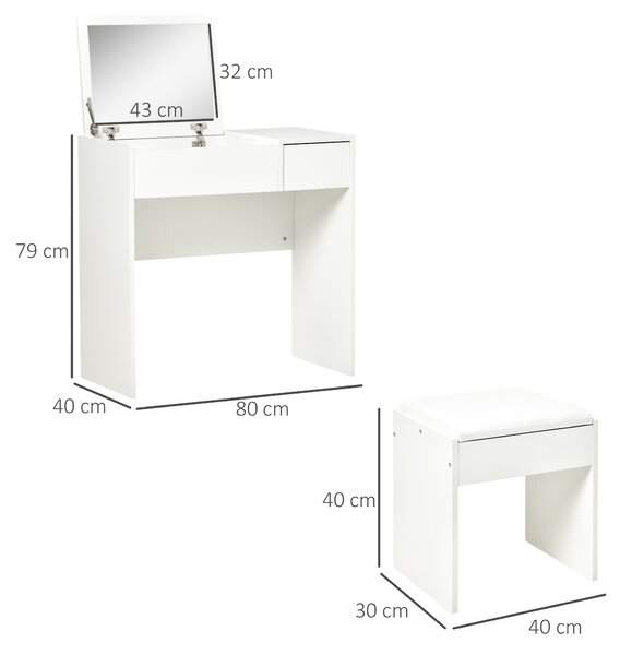 HOMCOM Mobile Toeletta con Specchio a Scomparsa e Sgabello Elegante Tavolo Consolle con Cassetto Design Moderno Bianco 80x40x79cm|Aosom