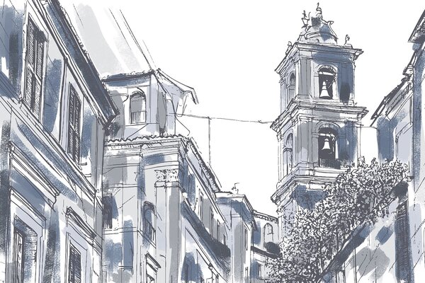Carta da parati Disegno di un edificio con campane, Carta da parati popolare, Carta da parati popolare, w03350 - Tapeko.it