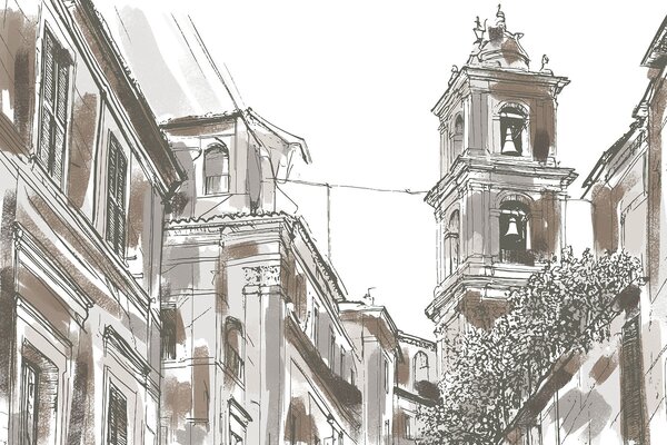 Carta da parati Disegno di un edificio con campane, Carta da parati Natura, Carta da parati popolare, w03350v1 - Tapeko.it
