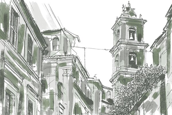 Carta da parati Disegno di un edificio con campane, Carta da parati citta, Carta da parati popolare, w03350v2 - Tapeko.it