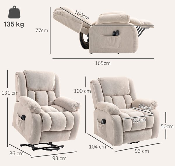 HOMCOM Poltrona Elettrica Alzapersona Reclinabile 150°, Seduta Ampia, Massaggiante, Riscaldata, Velluto, Beige | Aosom Italy