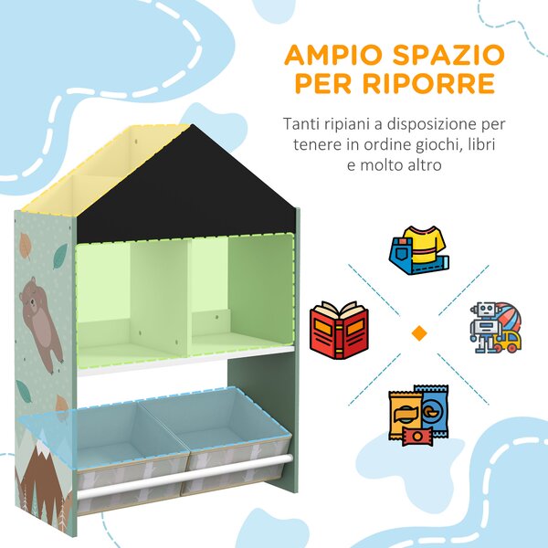 ZONEKIZ Libreria Portagiochi Vivace per Bambini, Design con Ripiani e Cassetti Rimovibili, Soluzione Salvaspazio, Colore Allegro - Verde|Aosom Italy