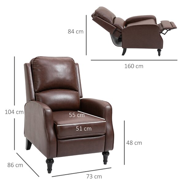 HOMCOM Poltrona Reclinabile con Poggiapiedi Estraibile in Similpelle e Piedini in Legno, Poltrona Relax Reclinabile, 73x86x104cm, Marrone| Aosom Italy