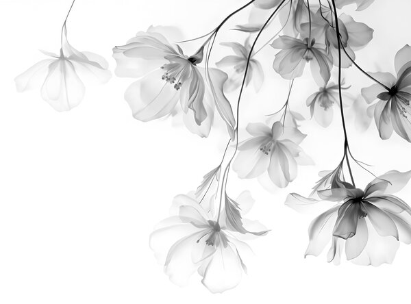 Carta da parati Fiori neri con petali traslucidi appesi a un ramo, bianco, Carta da parati Floreale, Carta da parati Fiori grandi, w08911 : Uwalls.it