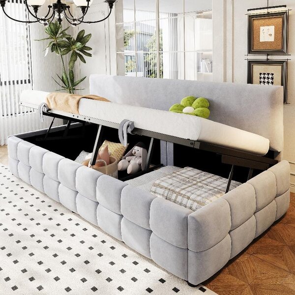 Letto imbottito 90x200 cm con spazio contenitore a sollevamento idraulico, rivestito in velluto color grigio chiaro, divano letto con schienale senza braccioli e motivo a scacchi