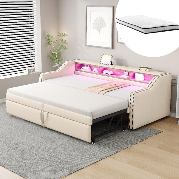 Divano letto 90/180x200 cm, estendibile, con struttura imbottita beige, illuminazione LED, prese USB, 3 vani portaoggetti, rete a molle, 2 materassi a molle e schienale