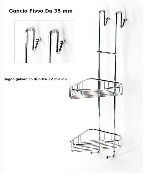 Angolare doccia Triangolare a due piani cromo 19x22x h68,5 cm con gancio Fisso 35 mm bagno galvanico di oltre 22 micron inalterabile nel tempo