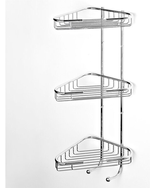 Angolare Doccia triangolare a tre piani cromo 24x20xh64 cm con cestelli reversibili inox lucido fissaggio a muro viti e stop bagno galvanico di oltre 22 micron inalterabile nel tempo