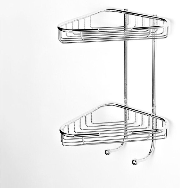Angolare Doccia triangolare a due piani cromo 24x20xh38 cm con cestelli reversibili inox lucido fissaggio a muro viti e stop bagno galvanico di oltre 22 micron inalterabile nel tempo