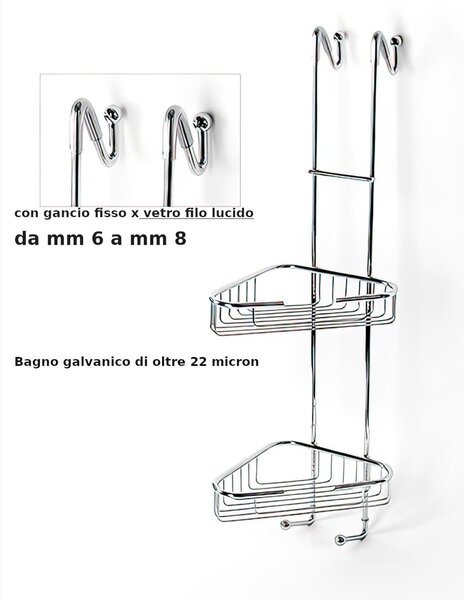 Angolare doccia Triangolare a due piani cromo 19x22x h68,5 cm con gancio Fisso x Docce a filo lucido spessore vetro 6 max 8 mm bagno galvanico di oltre 22 micron inalterabile nel tempo