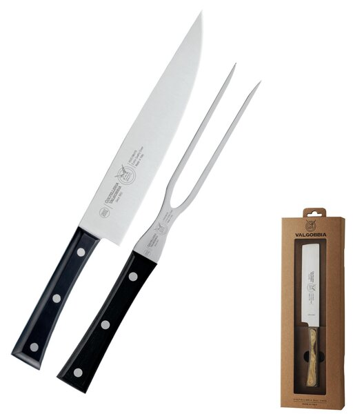Set Arrosto due pezzi con coltello e forchettone 16 cm colore Nera, manico in paperstone perfetto per carni e infilzare arrosti e carni