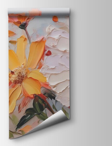 Carta da parati Pittura di fiori su una superficie bianca, Carta da parati Fiori grandi, Carta da parati popolare, w03417 - Tapeko.it