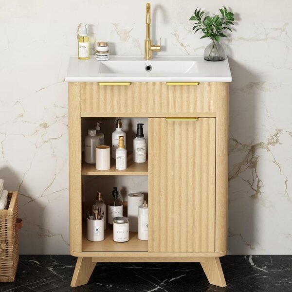 Mobiletti bagno da 61 cm con lavabo integrato, mobile lavabo autoportante con finitura effetto legno naturale, ante scorrevoli, 3 cassetti, realizzati in MDF e Vetroceramica