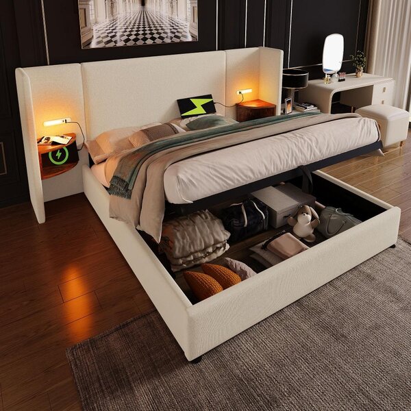 Letto imbottito 180x200 cm con spazio contenitore, lampada da lettura e funzione di ricarica USB Type-C, letto in lino color beige con mensola imbottita e rete a doghe