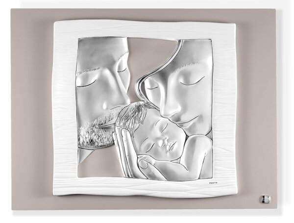 Quadro Sacra famiglia Argento con cornice bianca Piccolo 15,5x12,5 cm immagine in argento pu� essere appeso o appoggiato per bomboniera ,battesimo cresima , matrimonio