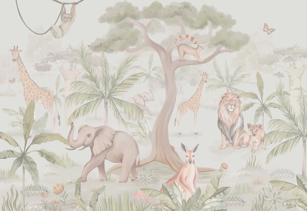 Carta da parati Carta da parati con animali e alberi, Carta da parati animali, Carta da parati popolare, w03444v1 - Tapeko.it