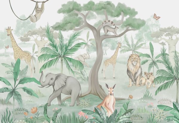 Carta da parati Carta da parati con animali e alberi, Carta da parati animali, Carta da parati popolare, w03444v2 - Tapeko.it