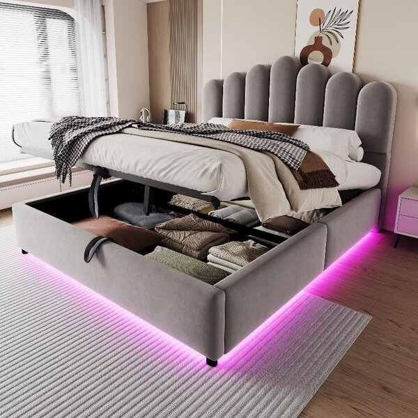 Letto imbottito 140x200 cm con spazio contenitore a sollevamento idraulico, striscia LED, testiera imbottita e rete a doghe, rivestito in velluto grigio