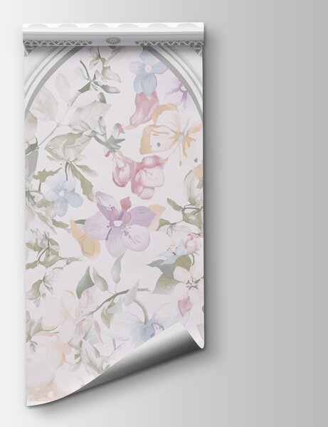 Carta da parati Carta da parati con fiori e archi, Carta da parati acquerello sul muro, Carta da parati popolare, w03480 - Tapeko.it