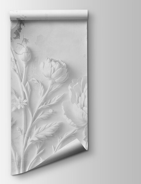 Carta da parati Incisione di fiori bianchi su una parete, Carta da parati 3d, Carta da parati popolare, w03553v2 - Tapeko.it