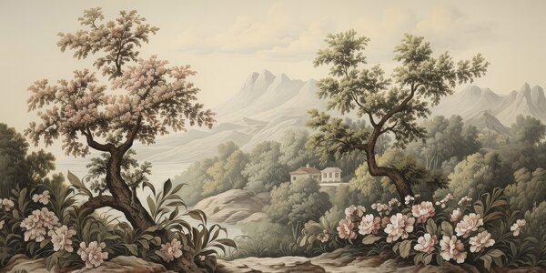 Carta da parati Paesaggio con alberi e fiori, Carta da parati Natura, Carta da parati popolare, w03560 - Tapeko.it
