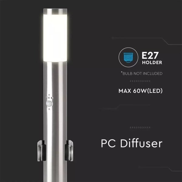Lampada da esterno con sensore + 2 prese 1xE27/60W/230V IP44 60cm cromo opaco
