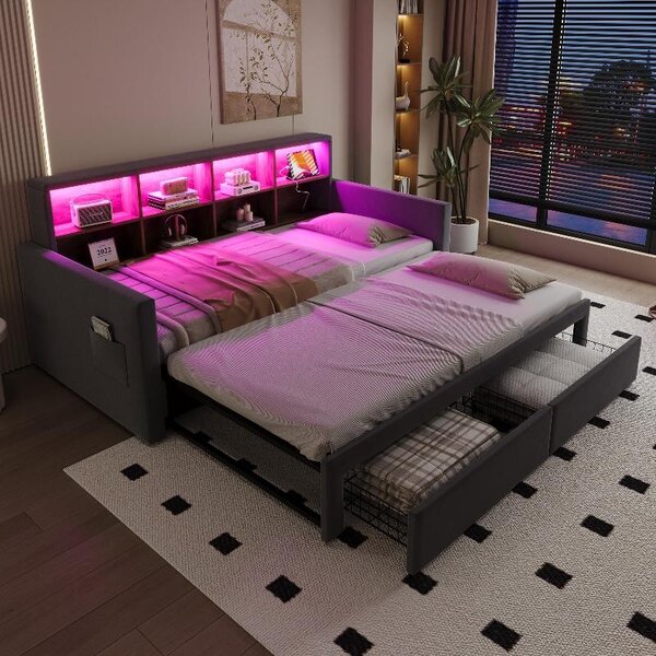 Letto imbottito a scomparsa 90x190 cm con rete a doghe, testiera con vani contenitori integrati, striscia LED, prese di corrente e 2 cassetti, rivestito in velluto color grigio scuro