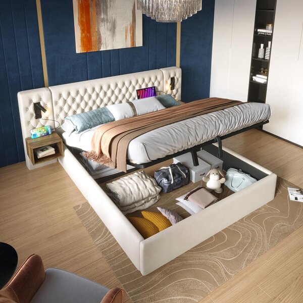 Letto imbottito 160x200 cm con contenitore, 2 comodini, luce da lettura, porte USB e Type-C, rivestito in velluto color beige, struttura del letto con rete a listelli, ideale per la camera da letto