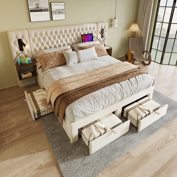 Letto imbottito 180x200 cm con 2 comodini e 4 cassetti, rivestito in velluto color beige, con testiera dotata di luce da lettura, porta USB e porta Type C, ideale per la camera da letto