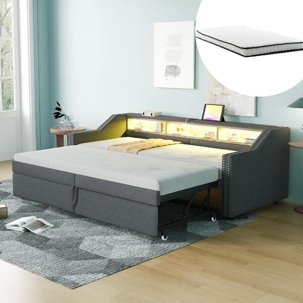 Divano letto 90/180x200 cm, estendibile, con struttura imbottita, dotato di porta USB e illuminazione LED, completo di rete a doghe e due materassi a molle, colore grigio scuro