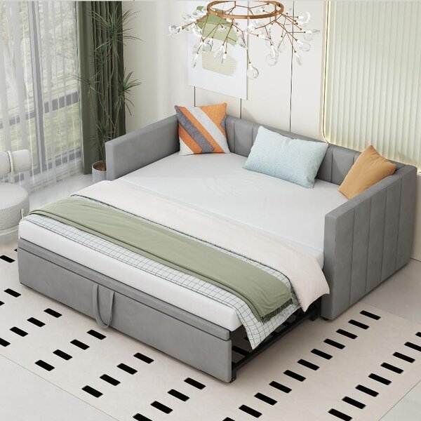 Divano letto 90x200 cm, estendibile a 180x200 cm, con struttura imbottita, rete a doghe, schienale e braccioli, rivestito in tessuto vellutato grigio, ideale per soggiorni o camere per gli ospiti