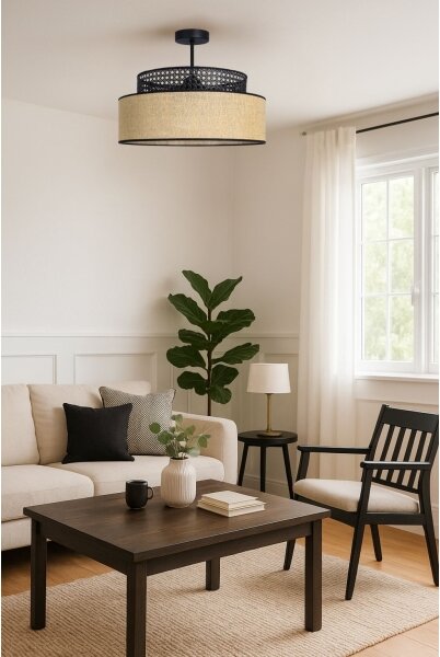Lampadario a plafone BOHO 1xE27/60W/230V diametro 40 cm nero/rattan