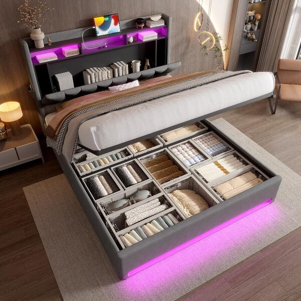 Letto imbottito 160x200 cm con illuminazione a LED, prese USB e Type-C, spazio contenitivo nella testiera e vano contenitore sotto il letto con sistema idraulico, rivestito in velluto grigio