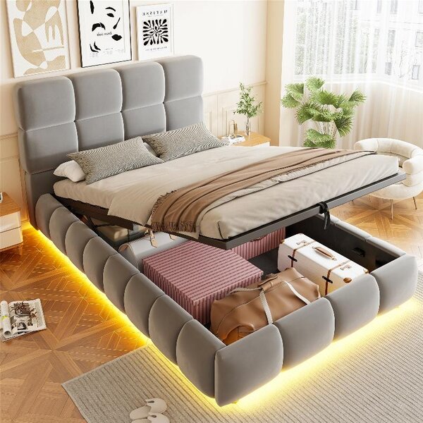 Letto imbottito 90x200 cm con spazio contenitore e striscia LED, rivestito in velluto grigio, con testiera imbottita e sistema di sollevamento idraulico per lo spazio contenitore