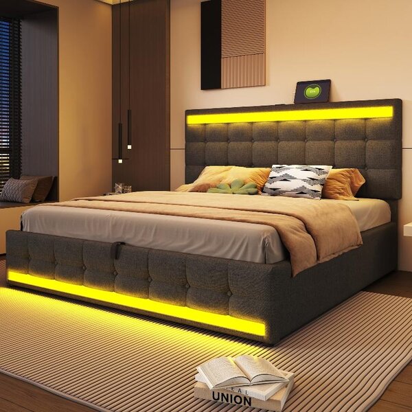 Letto imbottito 180x200 cm, grigio, con spazio contenitore a sollevamento idraulico, strisce LED RGB, 2 prese USB e poggiatesta regolabile, ideale per la camera da letto