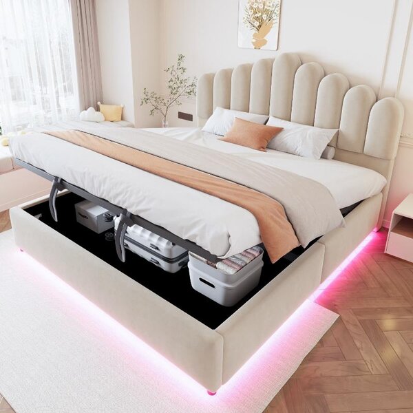 Letto imbottito 180x200 cm con spazio contenitore a sollevamento idraulico, striscia LED e grande testiera, letto in velluto color beige con rete a doghe, ideale per la camera da letto