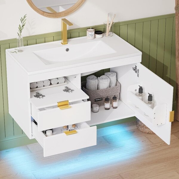Mobile da bagno con lavabo, 76 cm, mobile lavabo sospeso con illuminazione LED, controllo tramite app, sistema di chiusura ammortizzata, aspetto legno bianco, senza rubinetto