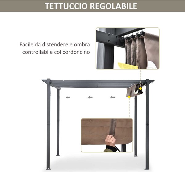 Outsunny Pergola da Giardino 3x3 m con Tettuccio Retrattile Anti UV e Telaio in Alluminio, Grigio|Aosom