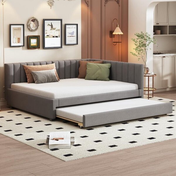 Letto imbottito 140x200 cm, trasformabile in divano letto con letto estraibile, rivestito in velluto grigio, con poggiatesta e rete a listelli, ideale per camere da letto per adolescenti o camere per ospiti
