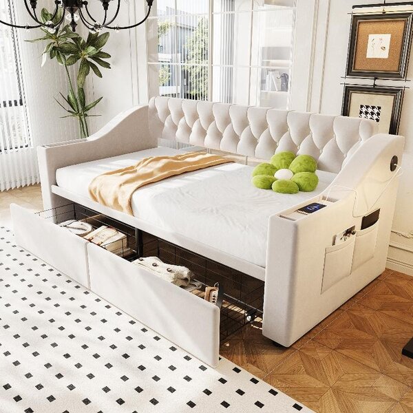 Letto imbottito 90x190 cm con porta USB, rivestito in velluto color beige, divano letto con 2 cassetti, spazio contenitivo nelle braccioli e schienale