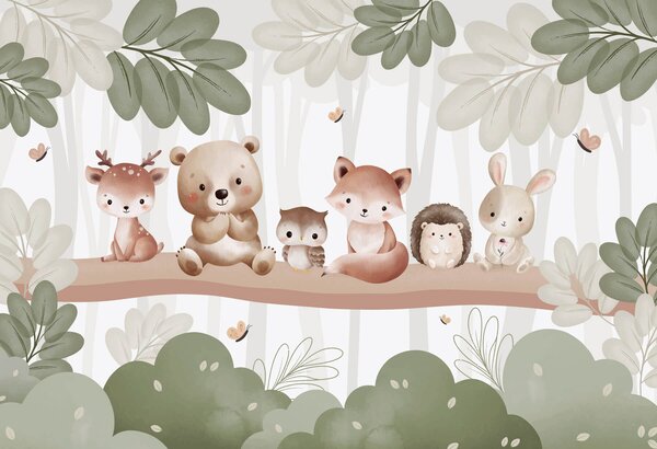 Carta da parati Gruppo di animali su un ramo d'albero, Carta da parati per Bambini, Carta da parati popolare, w03411 - Tapeko.it