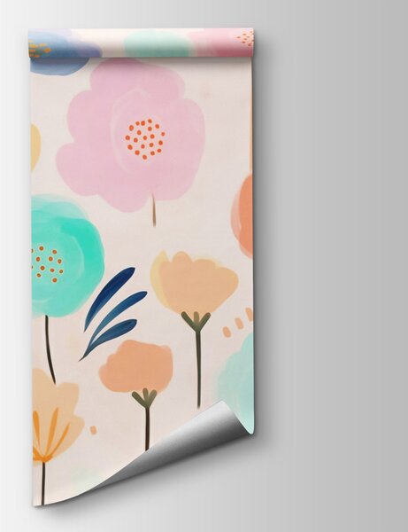 Carta da parati Fiori colorati su sfondo bianco, Carta da parati per Bambini, Carta da parati popolare, w03373 - Tapeko.it